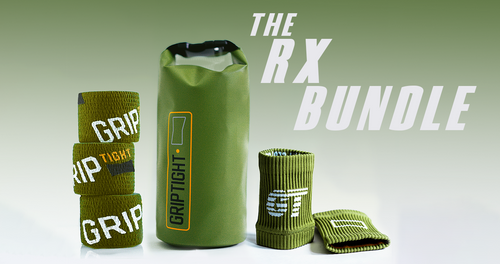 Green gym bundle with 'Grip Tight' wrist wraps and a dry bag on a light green background.